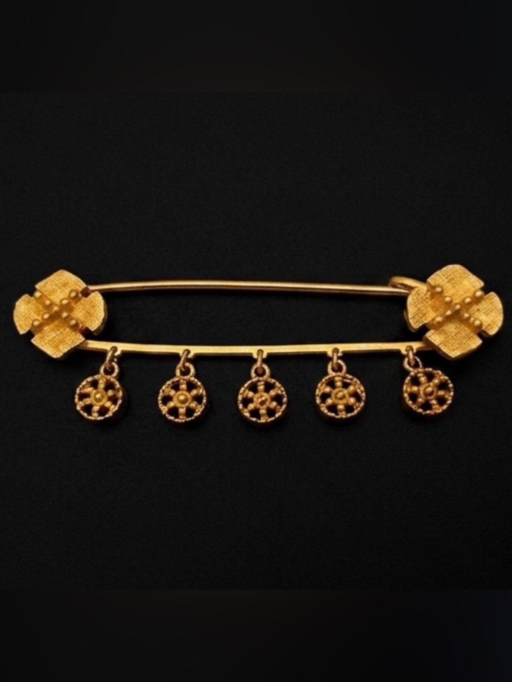 #278 St John Gold-tone Victorian Style Safety Pin Brooch with Charm Dangles